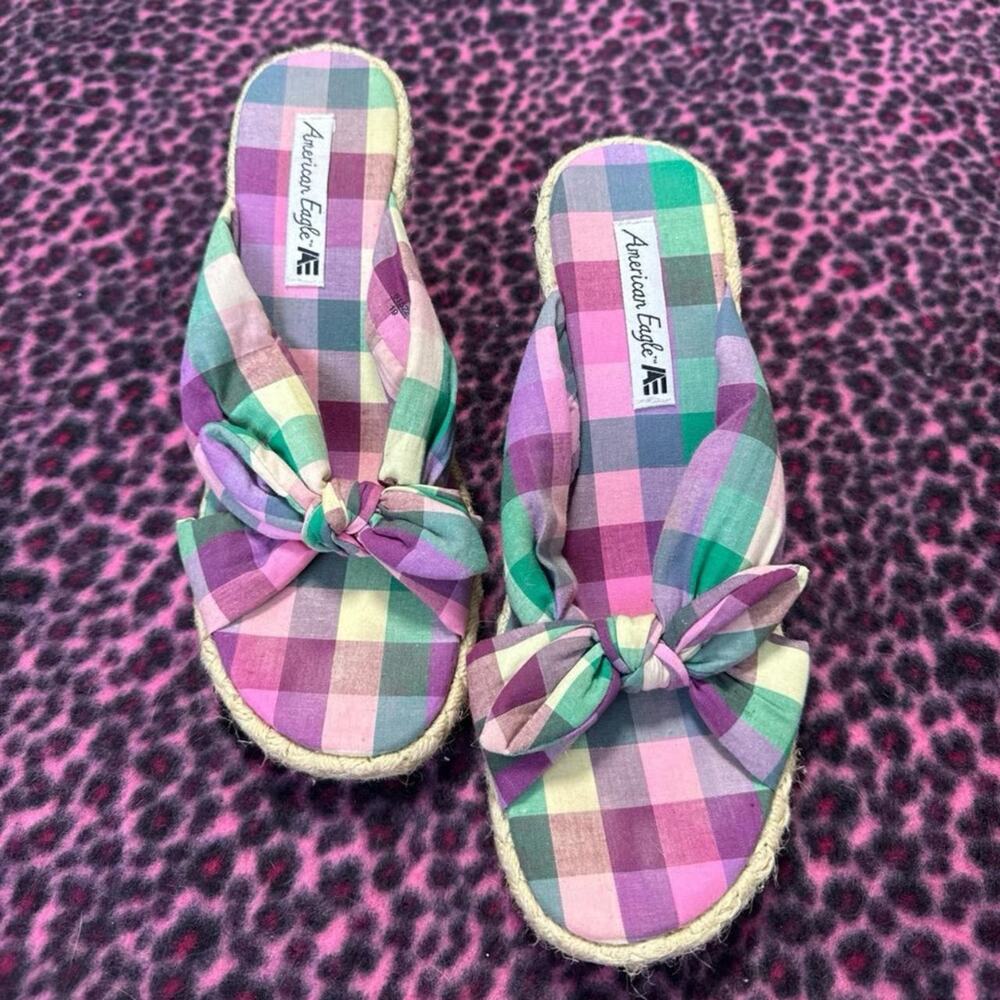 Y2K Vintage American Eagle Plaid Bow Wedge Espadrille Sandals Size 8